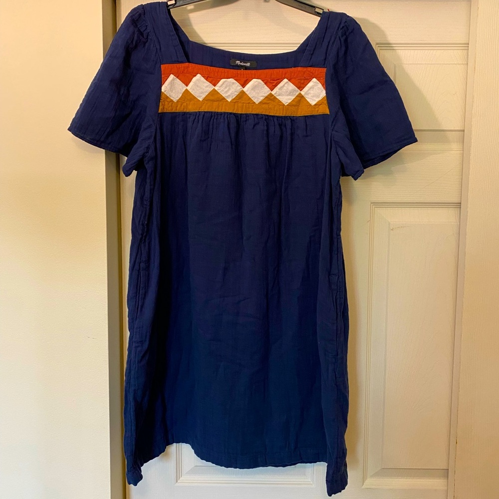 Madewell boho navy cotton gauze dress with front pattern in southwest colors